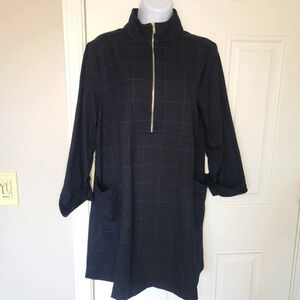 Zara Black Blue Square Pattern Plaid Cuff Sleeve Zip Front Dress M